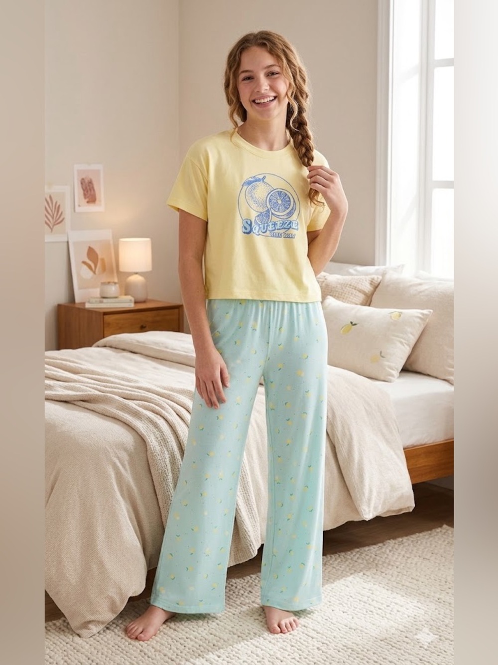 Wondershop Yellow Graphic Short Sleeve Top & Light Blue Lemon Print Pajama Pants